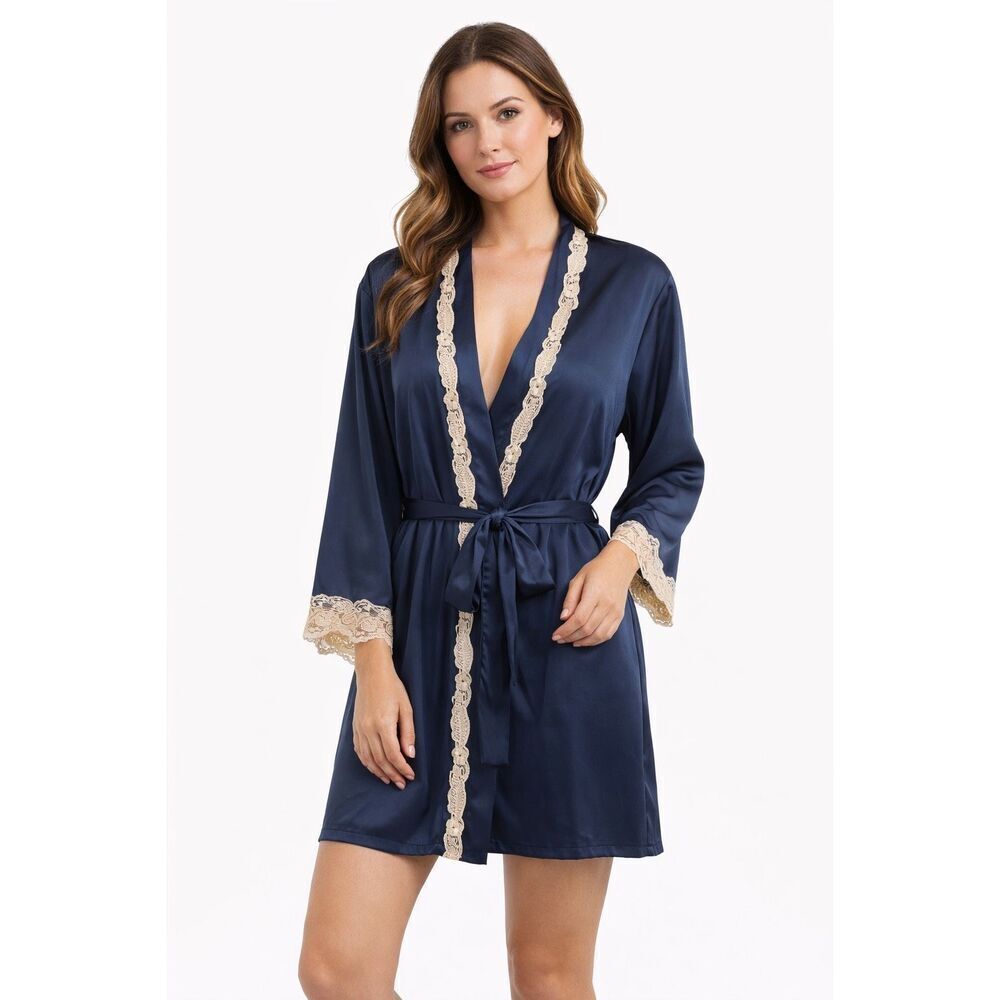 Sapjon Women’s Navy Satin Lace Trim Robe Belted Sleepwear / Nightwear Size Large